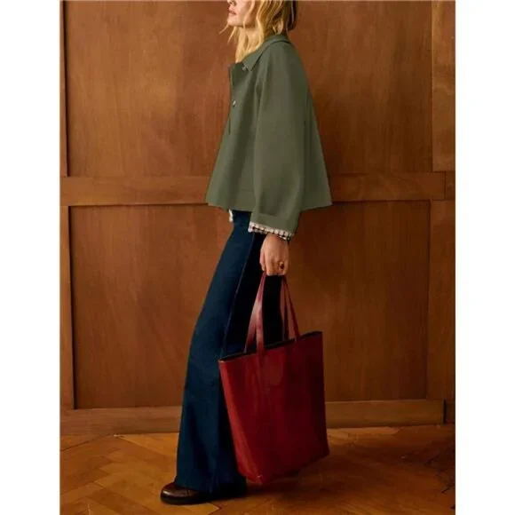 Women's Oversize Trench Coat Plaid Lining Lapel Button Down Casual Crop Jacket - Picture 3 of 8